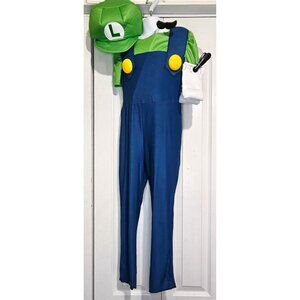 Luigi Costume Girls 7-8 Mustache Stick Gloves Hat Jumpsuit Super Mario Cute